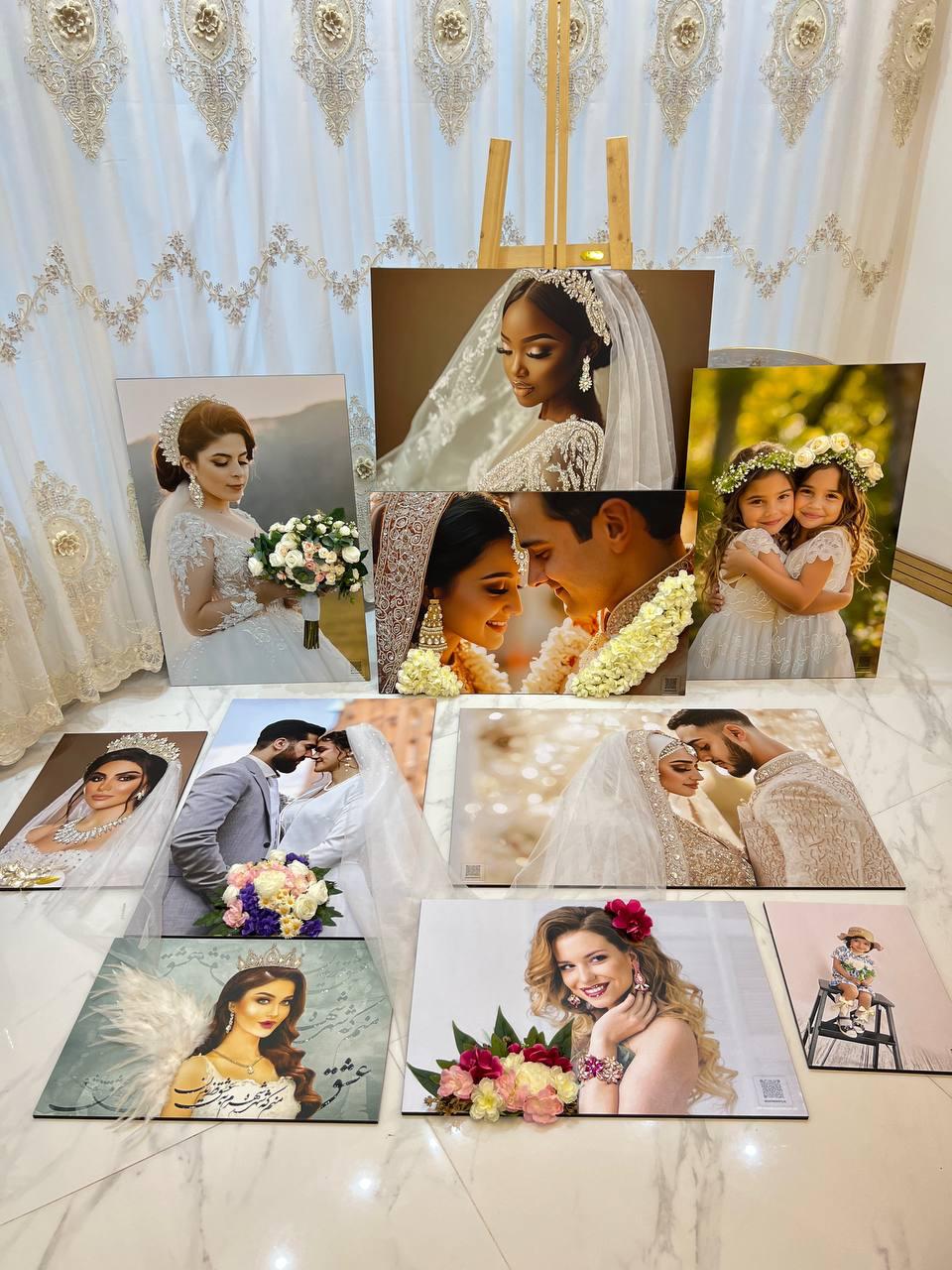 Collection of finished bridal and family portraits displayed as fine art prints